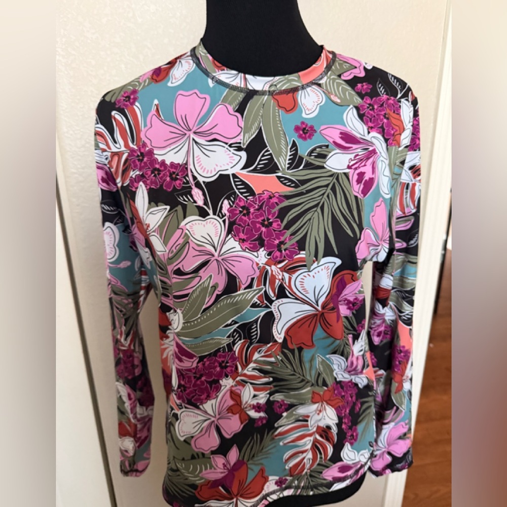 Roxy Floral Long Sleeve swim Top — Black, Pink, Green, Red, White - Picture 1 of 5